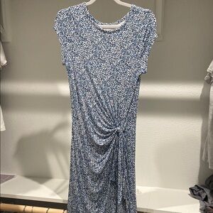 LOFT Blue and White Sheath Dress with Flutter Sleeves